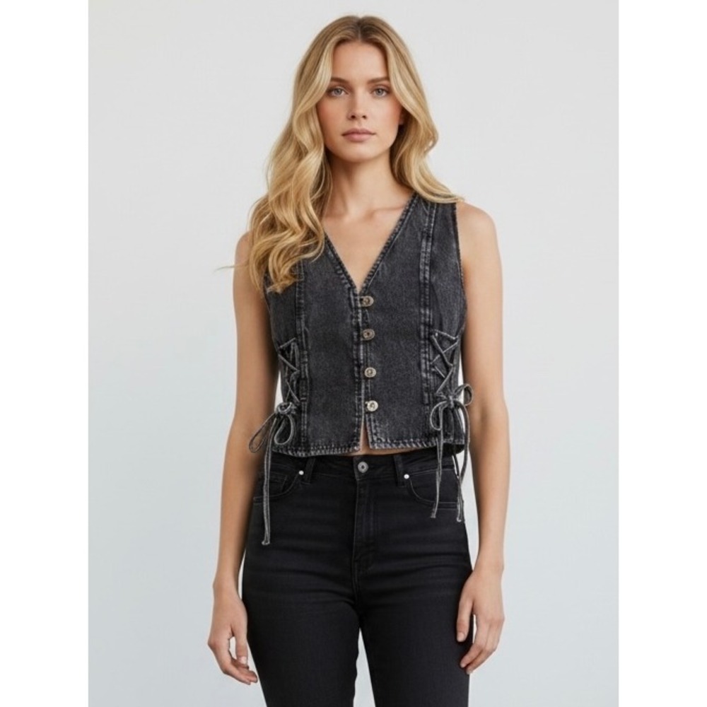 Saints & Hearts Washed Black Denim Lace-Up Side Cropped Vest Womans L